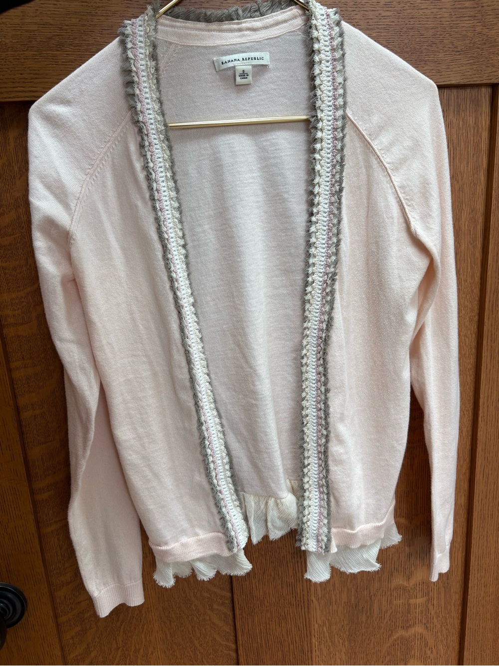 Banana Republic Peach Light Pink Sweater Cardigan Coord Braided Trim Ruffle S